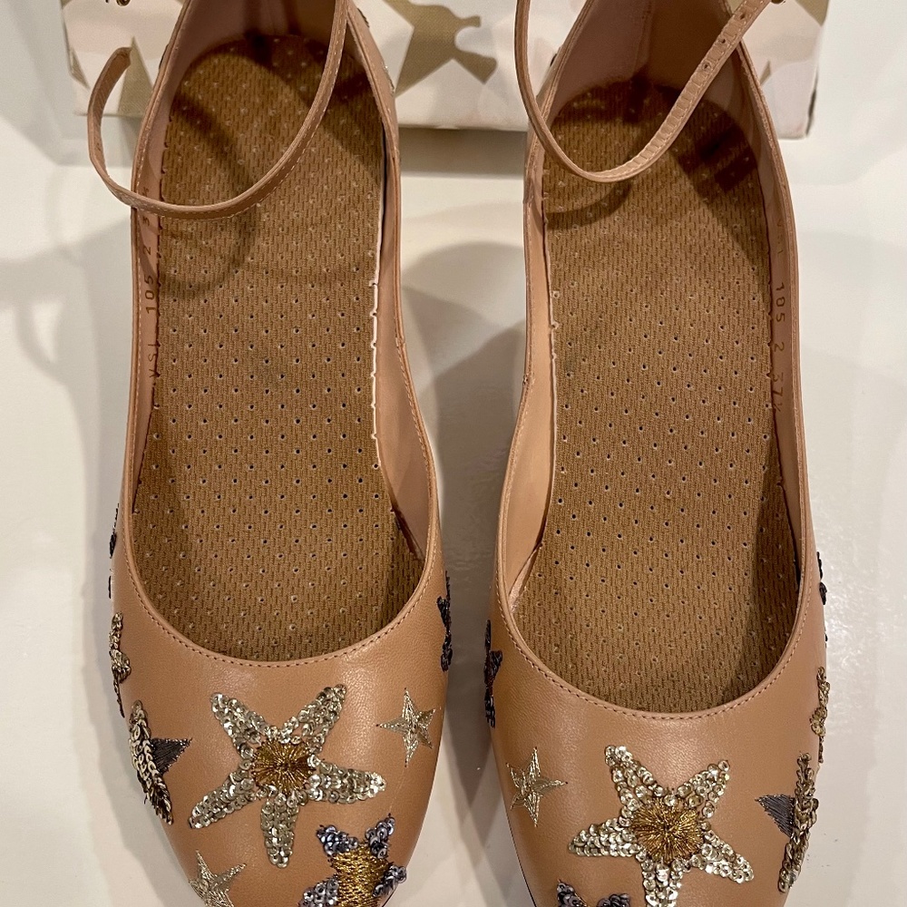 VALENTINO Poudre  Tango nude gold star embroidered block heel ankle strap 37.5